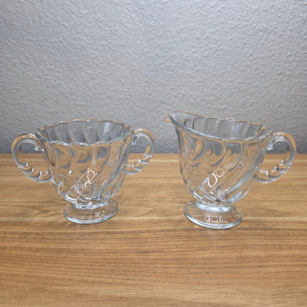 Vintage Fostoria Colony Swirl Pattern Glass Pedestal Creamer and Sugar Bowl Set